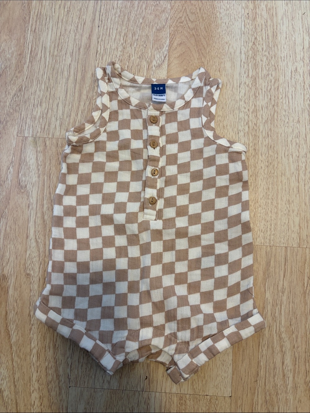 Old Navy Neutral Checkered Baby Romper in Beige and Cream
